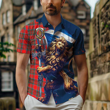 Binning Tartan Family Crest Short Sleeve Button Shirt with Scottish Majestic Lion