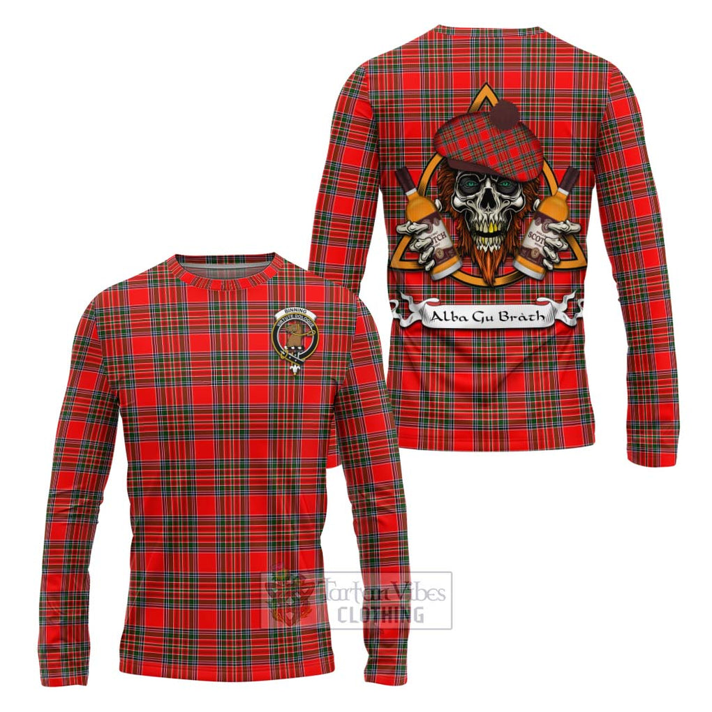 Tartan Vibes Clothing Binning Tartan Long Sleeve T-Shirt with Family Crest and Bearded Skull Holding Bottles of Whiskey