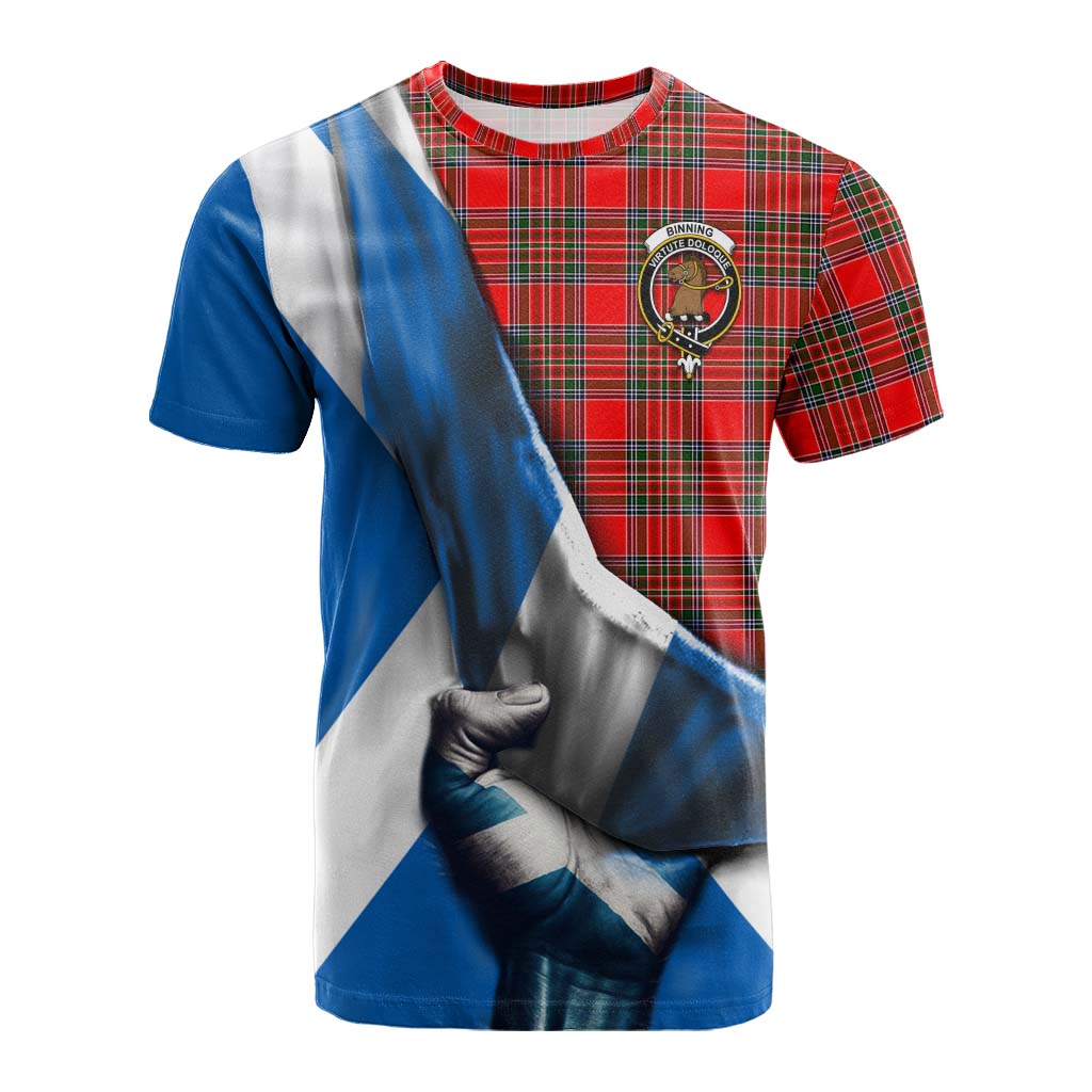 Tartan Vibes Clothing Binning Tartan Cotton T-shirt with Family Crest Scotland Patriotic Style