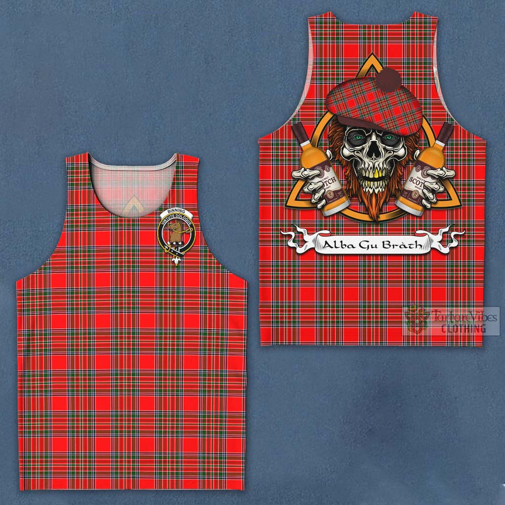 Tartan Vibes Clothing Binning Tartan Men's Tank Top with Family Crest and Bearded Skull Holding Bottles of Whiskey