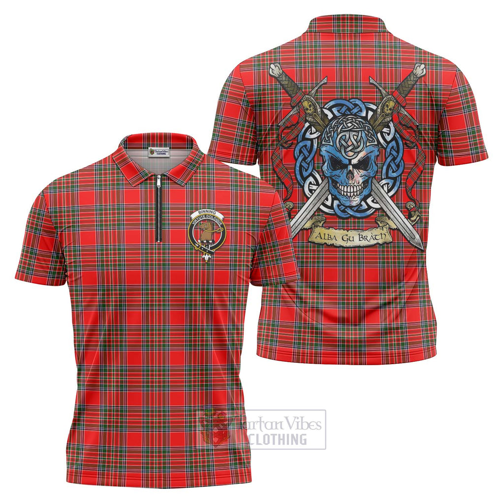 Tartan Vibes Clothing Binning Tartan Zipper Polo Shirt with Family Crest Celtic Skull Style