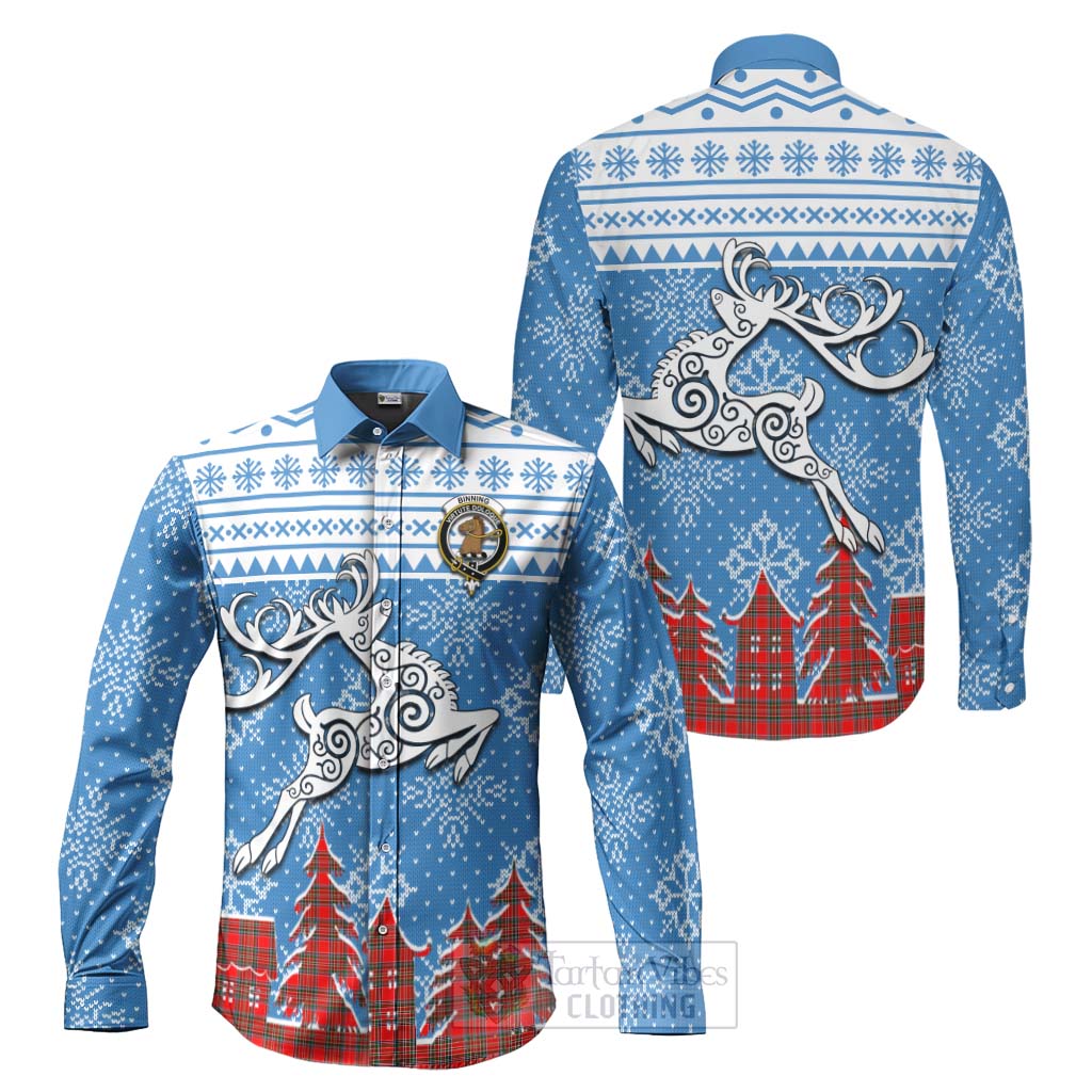 Tartan Vibes Clothing Binning Clan Christmas Long Sleeve Button Shirt Celtic Reindeer Style