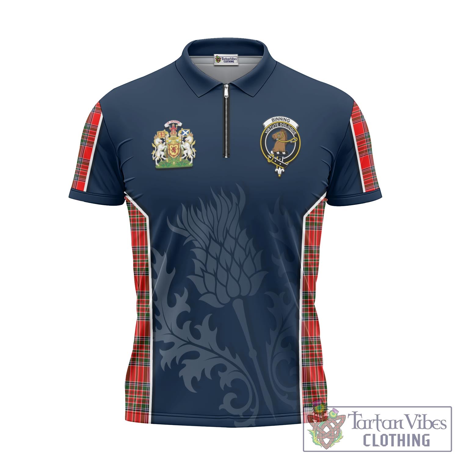 Tartan Vibes Clothing Binning Tartan Zipper Polo Shirt with Family Crest and Scottish Thistle Vibes Sport Style