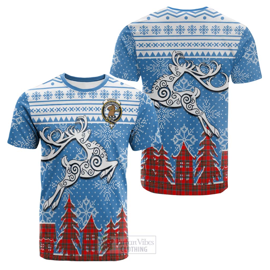 Tartan Vibes Clothing Binning Clan Christmas Cotton T-shirt Celtic Reindeer Style