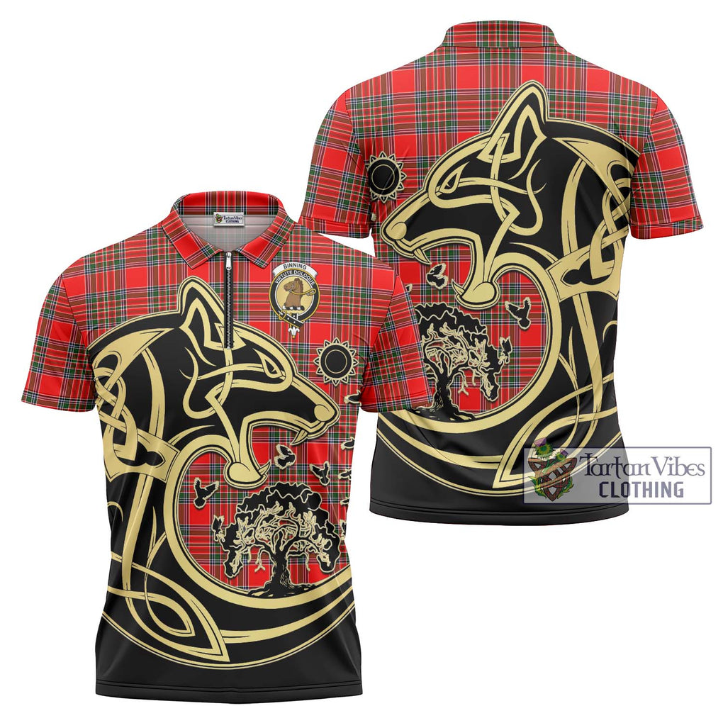 Binning Tartan Zipper Polo Shirt with Family Crest Celtic Wolf Style Unisex - Tartanvibesclothing Shop