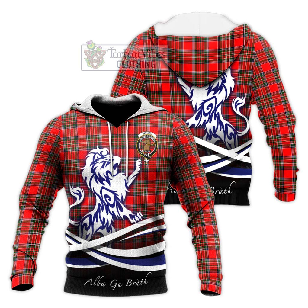 Binning Tartan Knitted Hoodie with Alba Gu Brath Regal Lion Emblem Unisex Knitted Pullover Hoodie - Tartanvibesclothing Shop