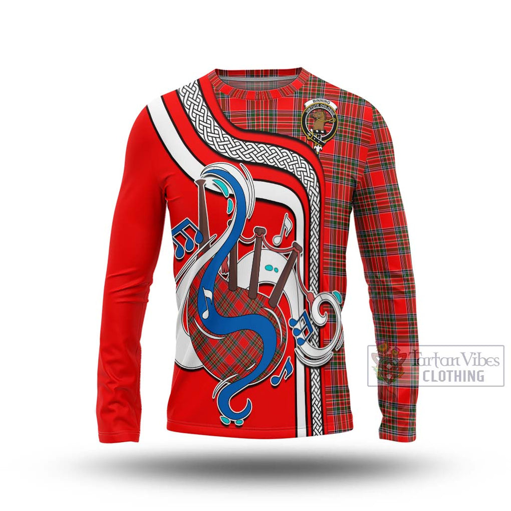 Tartan Vibes Clothing Binning Tartan Long Sleeve T-Shirt with Epic Bagpipe Style