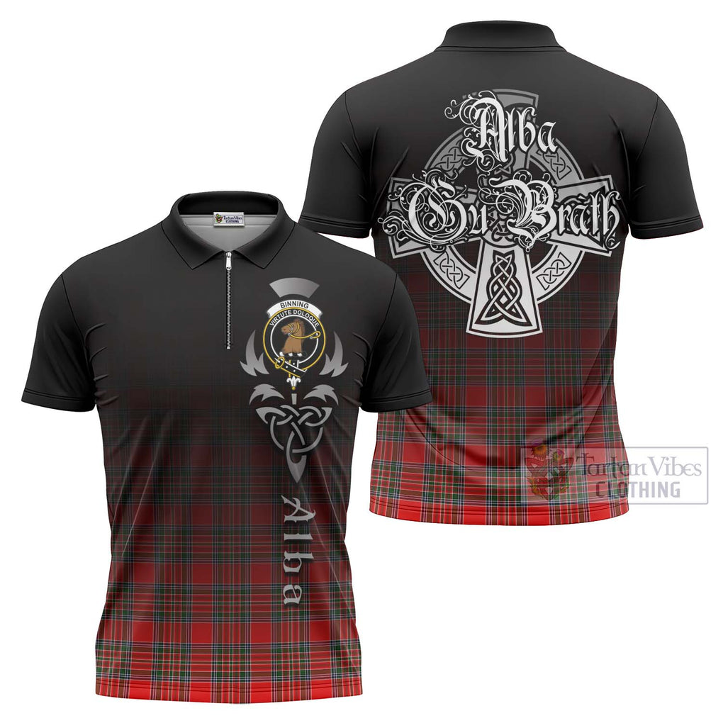 Tartan Vibes Clothing Binning Tartan Zipper Polo Shirt Featuring Alba Gu Brath Family Crest Celtic Inspired