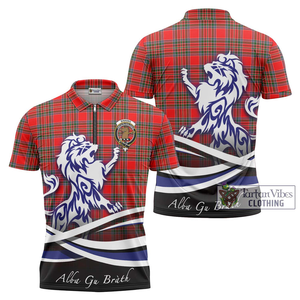 Binning Tartan Zipper Polo Shirt with Alba Gu Brath Regal Lion Emblem Unisex - Tartanvibesclothing Shop