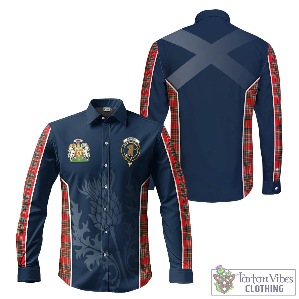 Tartan Vibes Clothing Binning Tartan Long Sleeve Button Up Shirt with Family Crest and Scottish Thistle Vibes Sport Style