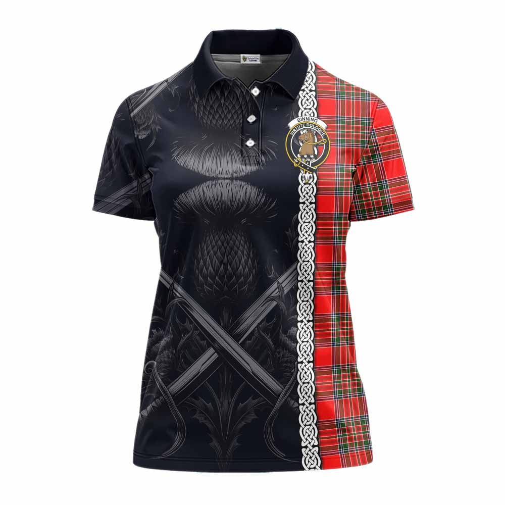 Tartan Vibes Clothing Binning Tartan Women's Polo Shirt with Family Crest Cross Sword Thistle Celtic Vibes