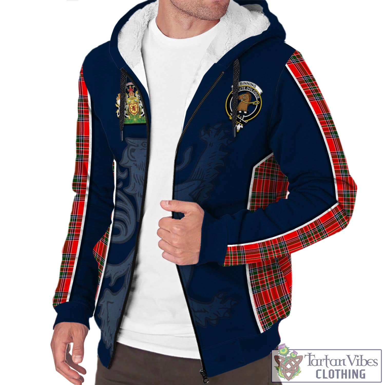 Tartan Vibes Clothing Binning Tartan Sherpa Hoodie with Family Crest and Lion Rampant Vibes Sport Style