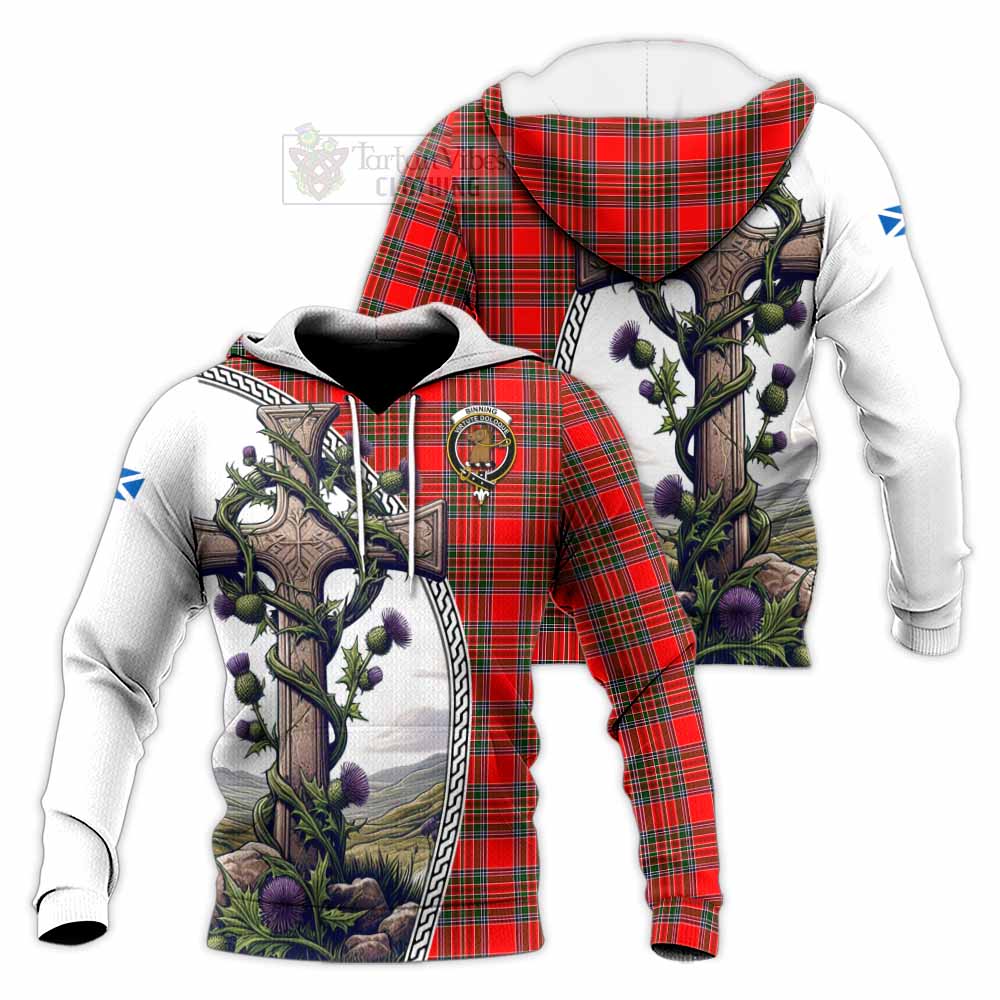 Tartan Vibes Clothing Binning Tartan Knitted Hoodie with Family Crest and St. Andrew's Cross Accented by Thistle Vines