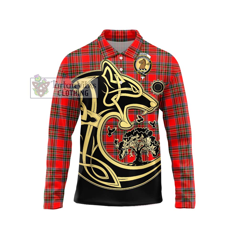 Binning Tartan Long Sleeve Polo Shirt with Family Crest Celtic Wolf Style Unisex - Tartanvibesclothing Shop