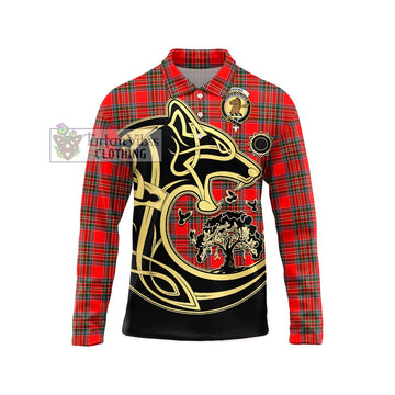 Binning Tartan Long Sleeve Polo Shirt with Family Crest Celtic Wolf Style