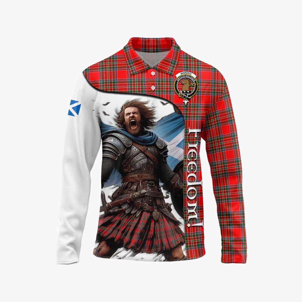 Tartan Vibes Clothing Binning Crest Tartan Long Sleeve Polo Shirt Inspired by the Freedom of Scottish Warrior