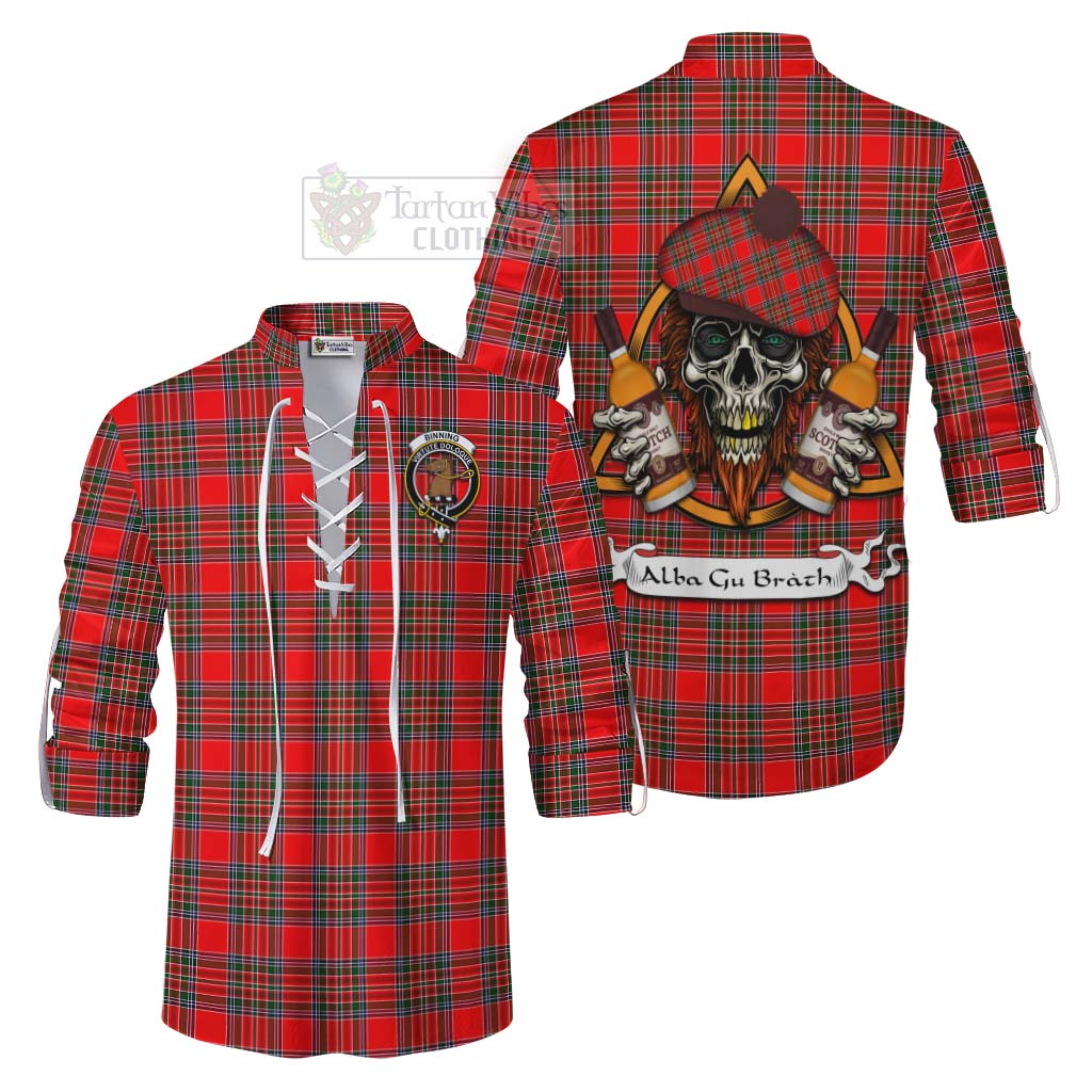 Tartan Vibes Clothing Binning Tartan Ghillie Kilt Shirt with Family Crest and Bearded Skull Holding Bottles of Whiskey