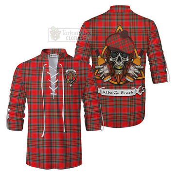 Binning Tartan Ghillie Kilt Shirt with Family Crest and Bearded Skull Holding Bottles of Whiskey