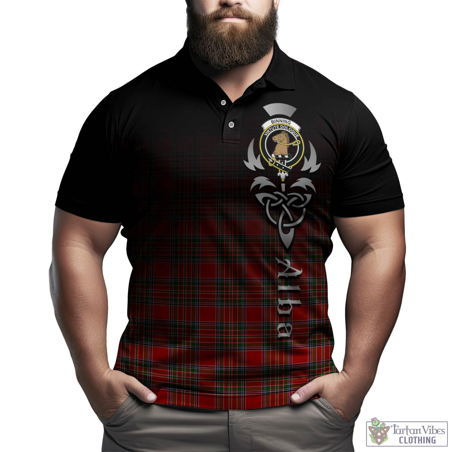 Tartan Vibes Clothing Binning Tartan Polo Shirt Featuring Alba Gu Brath Family Crest Celtic Inspired