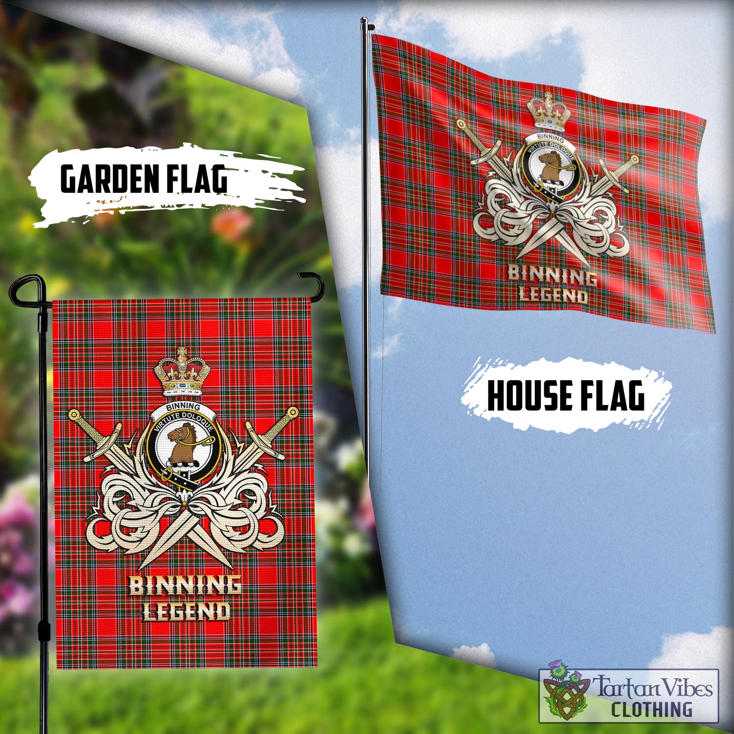 Tartan Vibes Clothing Binning Tartan Flag with Clan Crest and the Golden Sword of Courageous Legacy