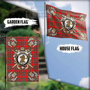 Binning Tartan Flag with Family Crest and Golden Thistle Crossed Sword Design