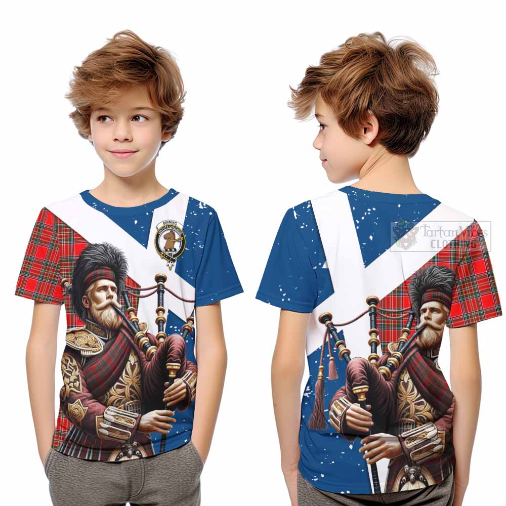 Tartan Vibes Clothing Binning Tartan Kid T-Shirt with Family Crest Scottish Bagpiper Vibes