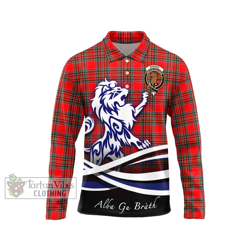 Binning Tartan Long Sleeve Polo Shirt with Alba Gu Brath Regal Lion Emblem Unisex - Tartanvibesclothing Shop