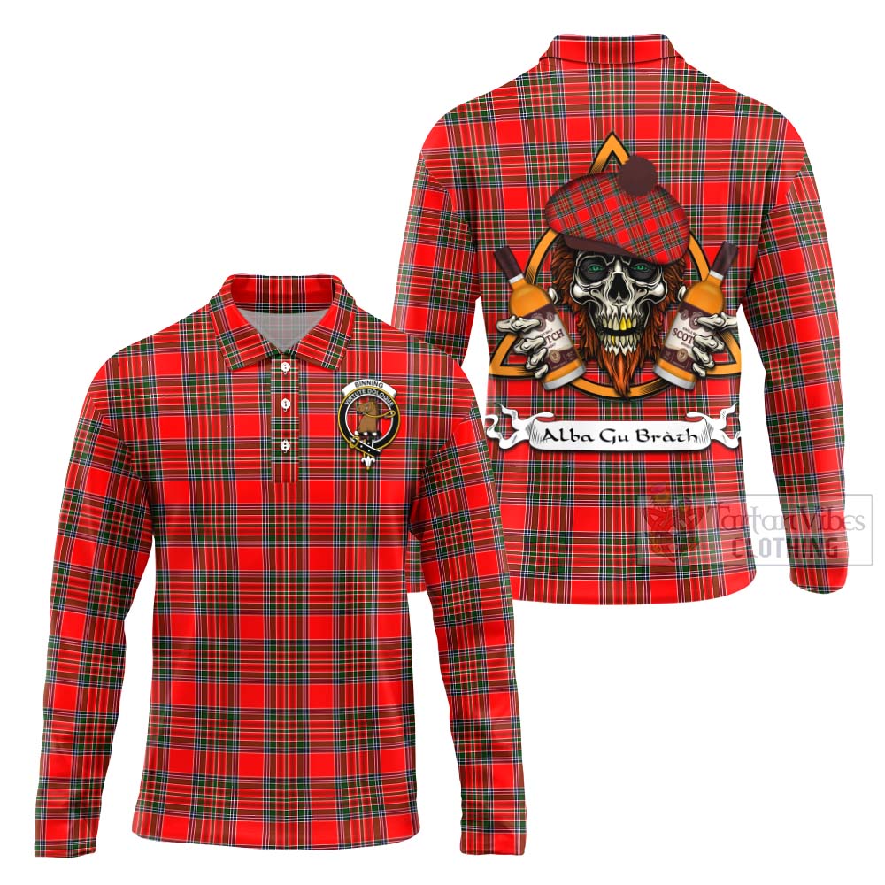 Tartan Vibes Clothing Binning Tartan Long Sleeve Polo Shirt with Family Crest and Bearded Skull Holding Bottles of Whiskey