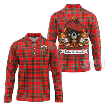 Binning Tartan Long Sleeve Polo Shirt with Family Crest and Bearded Skull Holding Bottles of Whiskey