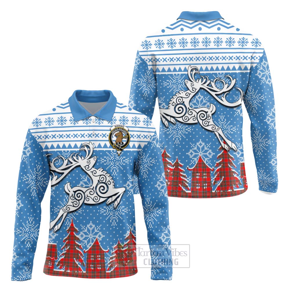 Tartan Vibes Clothing Binning Clan Christmas Long Sleeve Polo Shirt Celtic Reindeer Style