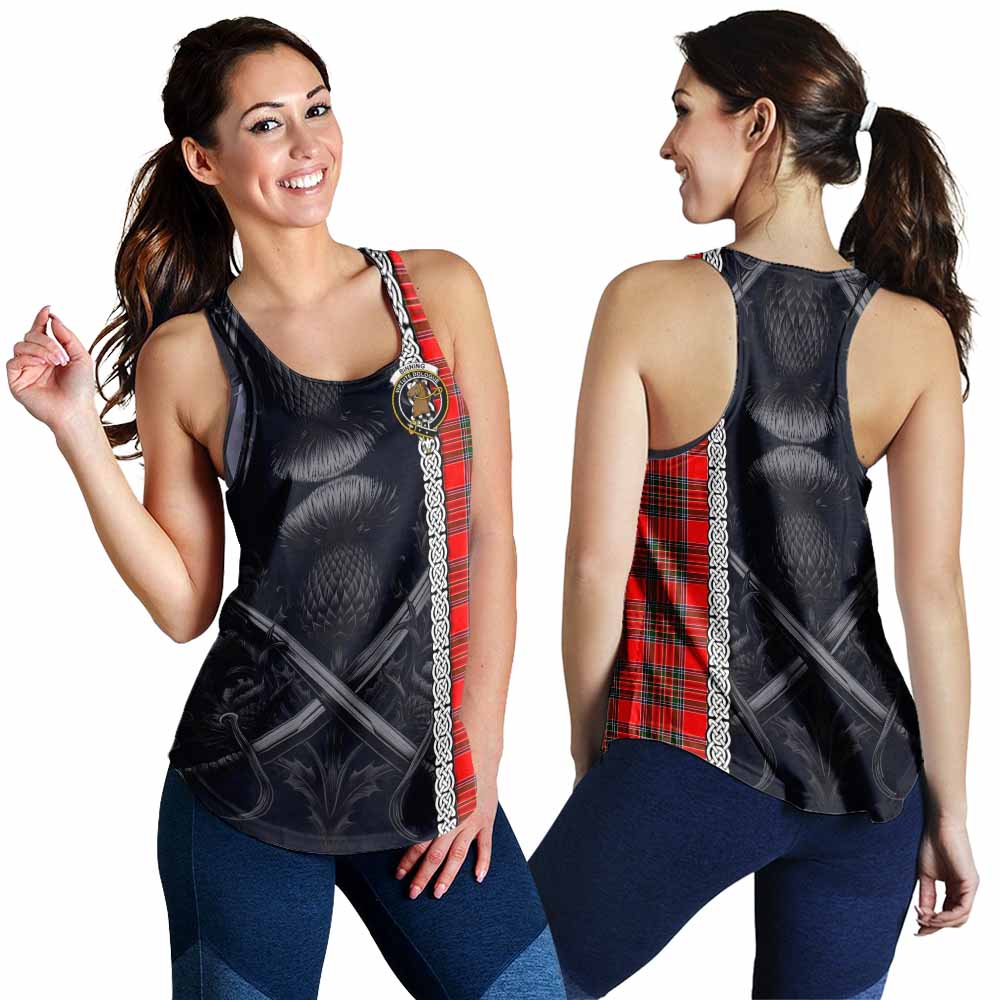 Tartan Vibes Clothing Binning Tartan Women's Racerback Tanks with Family Crest Cross Sword Thistle Celtic Vibes