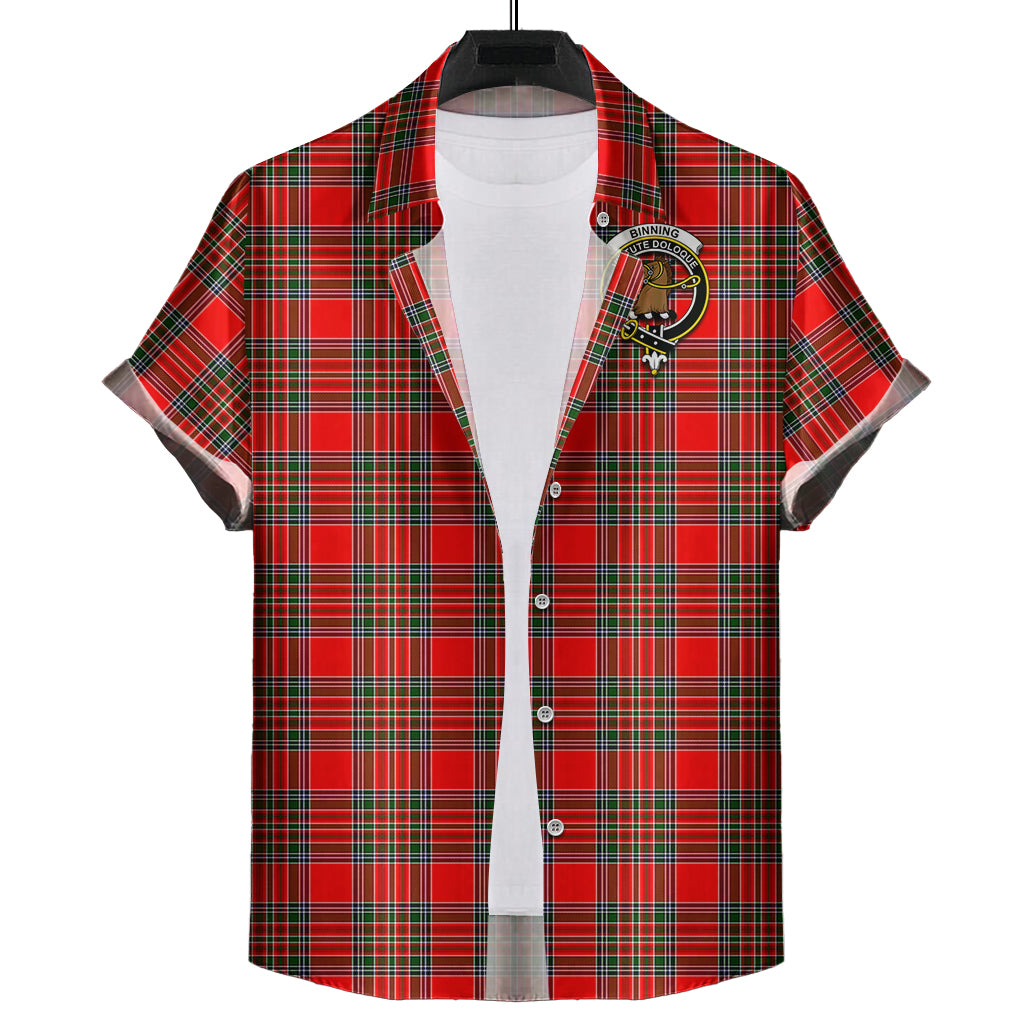 Binning Tartan Short Sleeve Button Down Shirt with Family Crest - Tartanvibesclothing