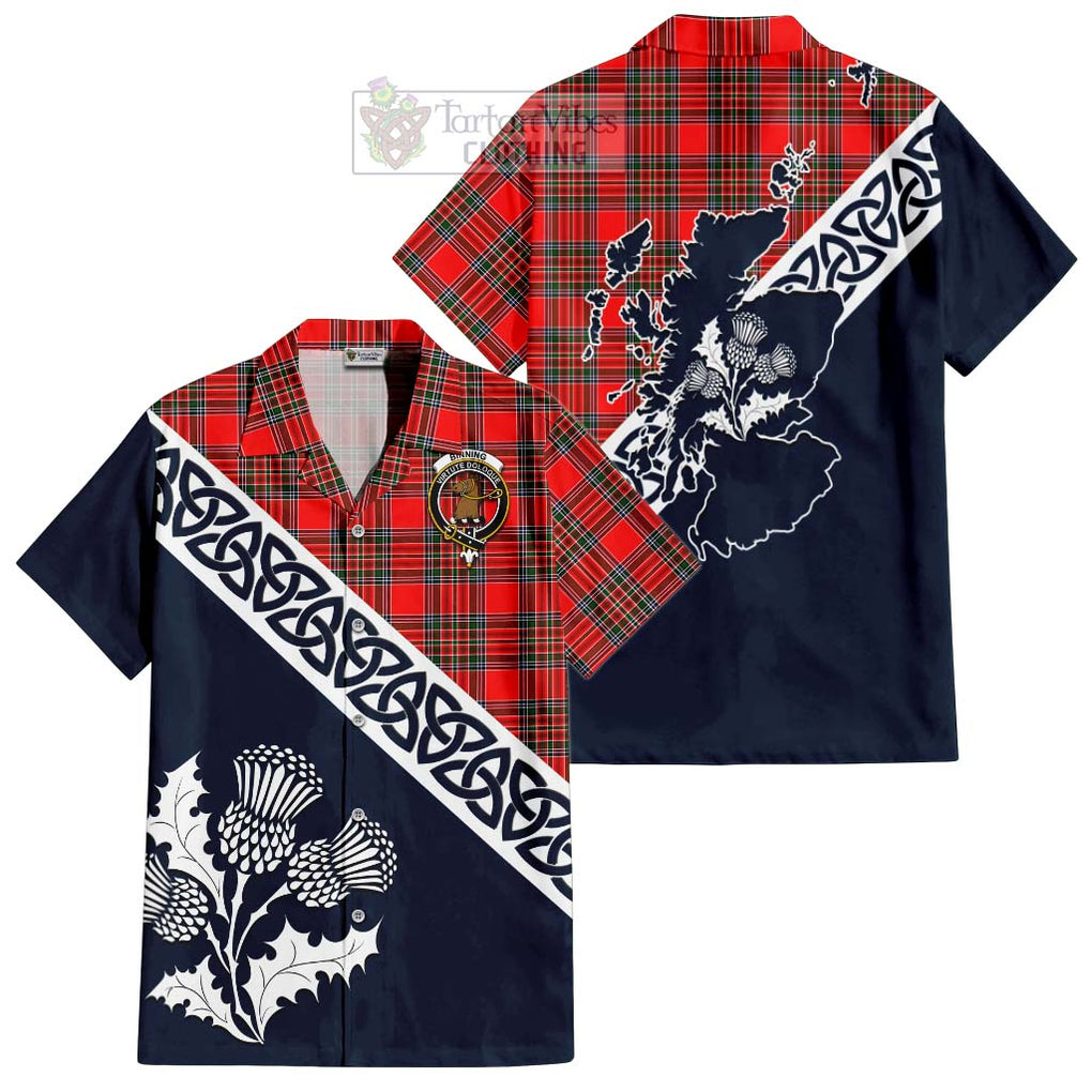 Tartan Vibes Clothing Binning Tartan Short Sleeve Button Shirt Featuring Thistle and Scotland Map