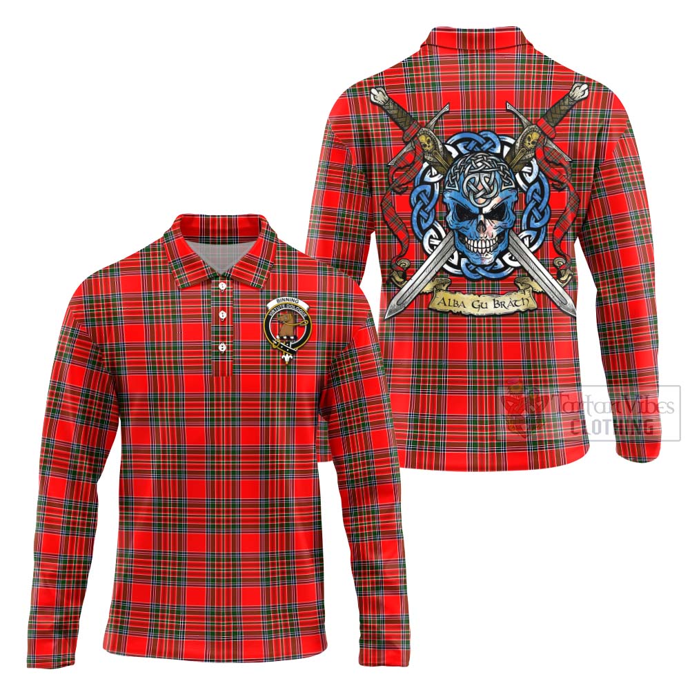 Tartan Vibes Clothing Binning Tartan Long Sleeve Polo Shirt with Family Crest Celtic Skull Style