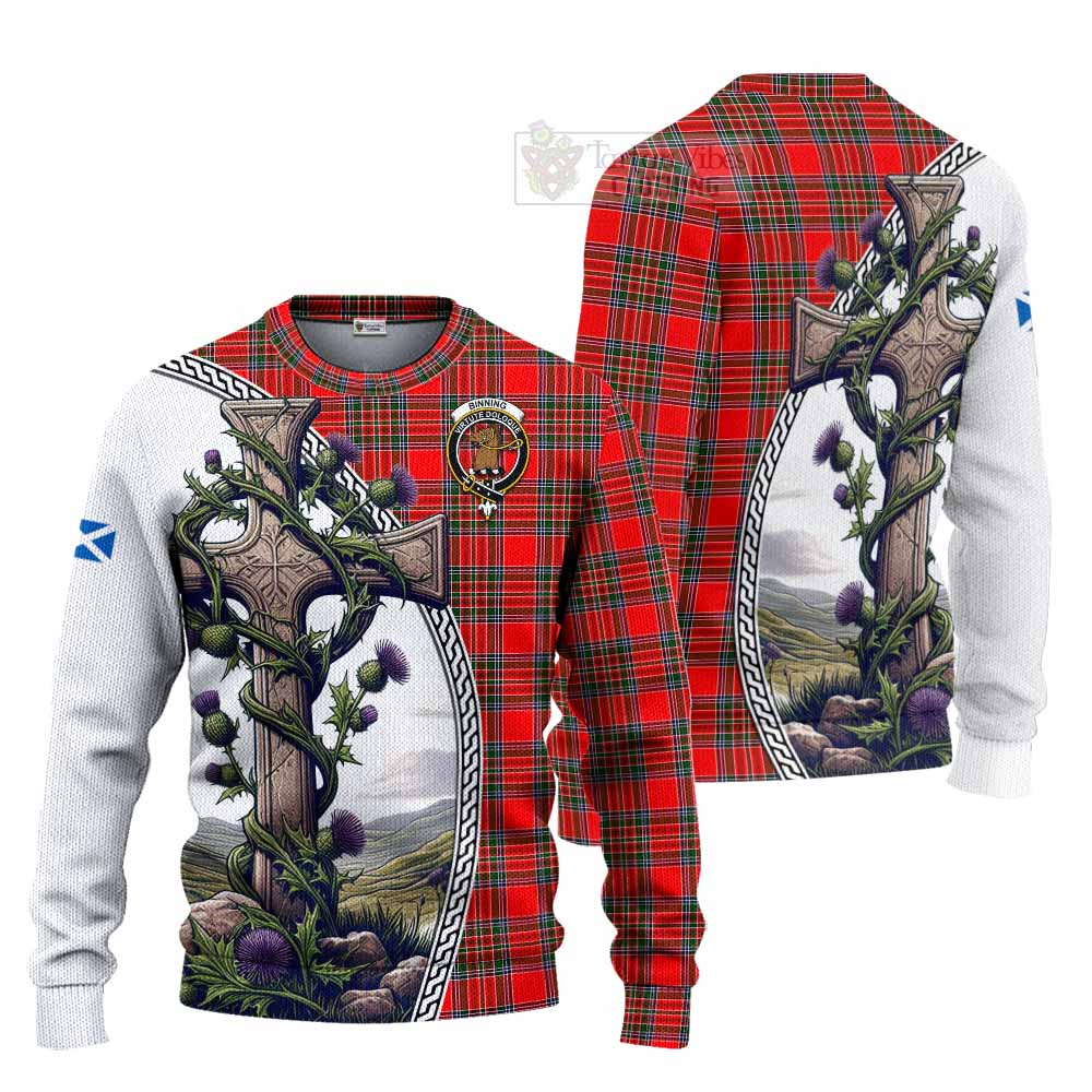 Tartan Vibes Clothing Binning Tartan Knitted Sweater with Family Crest and St. Andrew's Cross Accented by Thistle Vines