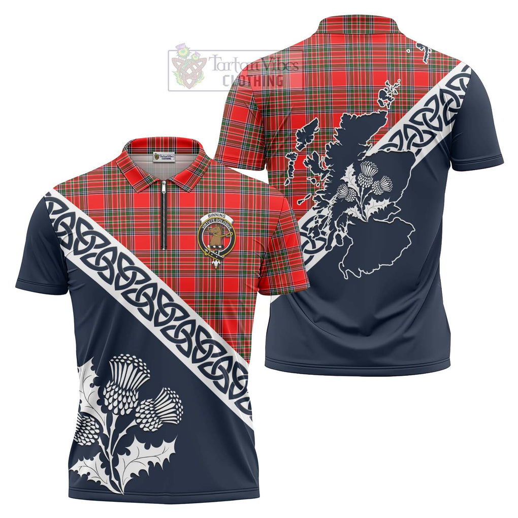 Tartan Vibes Clothing Binning Tartan Zipper Polo Shirt Featuring Thistle and Scotland Map