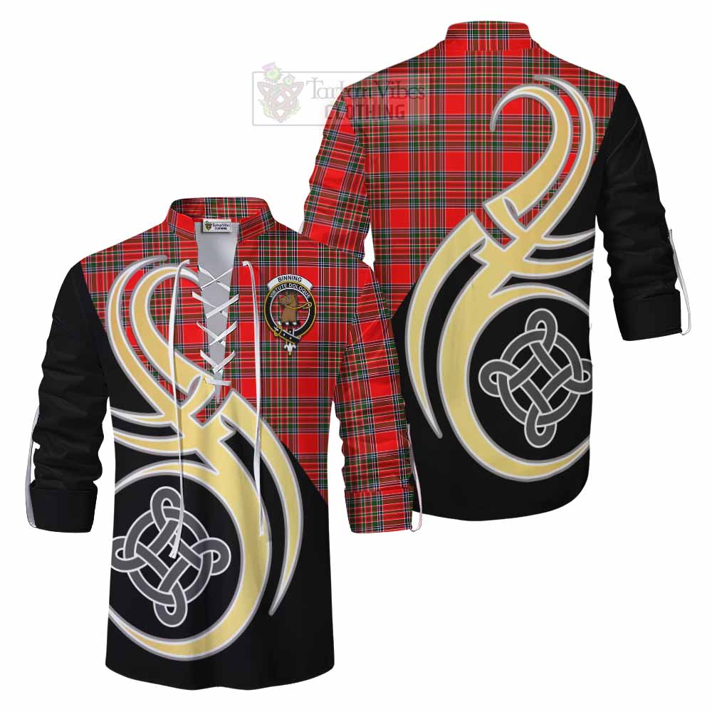 Tartan Vibes Clothing Binning Tartan Ghillie Kilt Shirt with Family Crest and Celtic Symbol Style