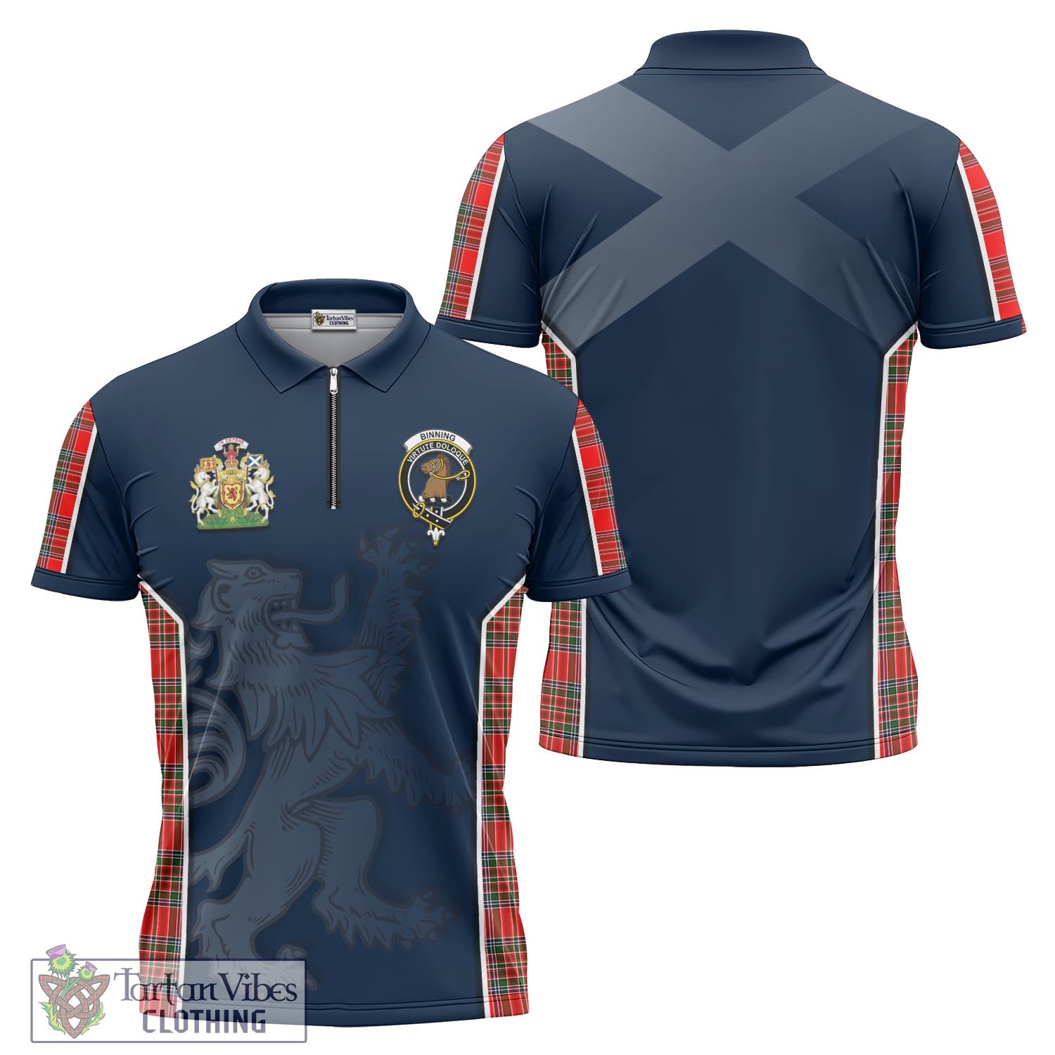 Tartan Vibes Clothing Binning Tartan Zipper Polo Shirt with Family Crest and Lion Rampant Vibes Sport Style