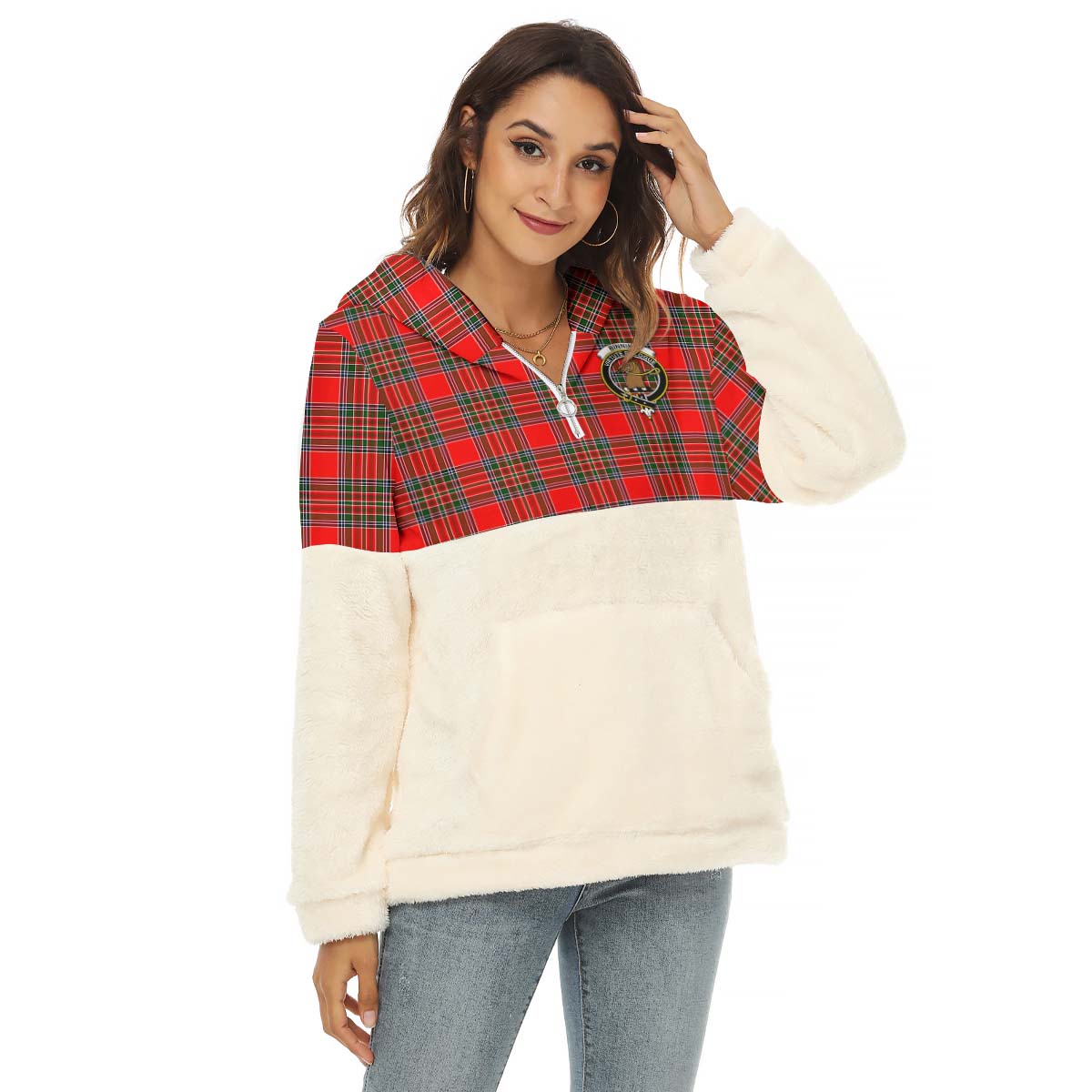 Binning Tartan Women's Borg Fleece Hoodie With Half Zip with Family Crest Female - Tartanvibesclothing