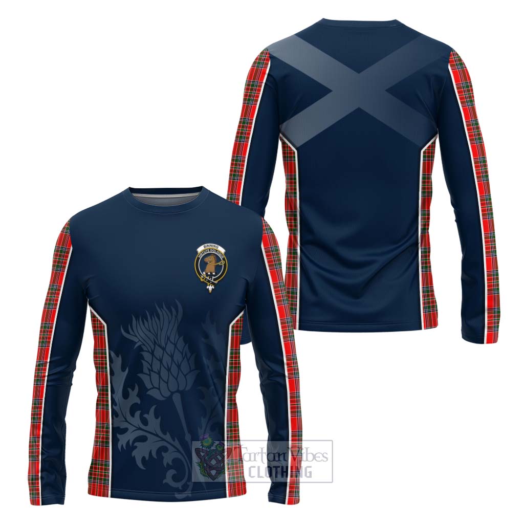 Tartan Vibes Clothing Binning Tartan Long Sleeve T-Shirt with Family Crest and Scottish Thistle Vibes Sport Style