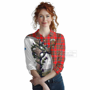 Binning Tartan Women's Casual Shirt with Family Crest and St. Andrew's Cross Accented by Thistle Vines