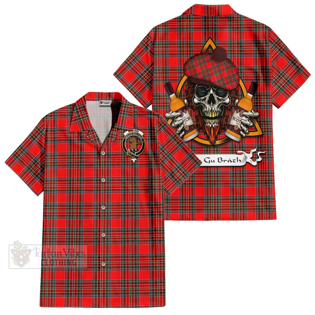 Tartan Vibes Clothing Binning Tartan Short Sleeve Button Shirt with Family Crest and Bearded Skull Holding Bottles of Whiskey