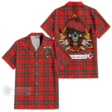 Binning Tartan Short Sleeve Button Shirt with Family Crest and Bearded Skull Holding Bottles of Whiskey