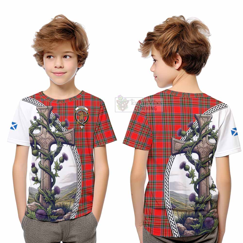 Tartan Vibes Clothing Binning Tartan Kid T-Shirt with Family Crest and St. Andrew's Cross Accented by Thistle Vines