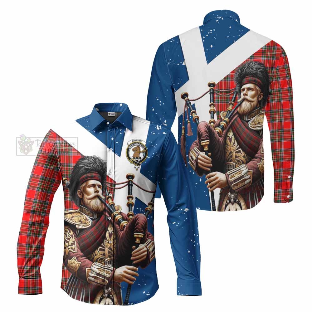 Tartan Vibes Clothing Binning Tartan Long Sleeve Button Shirt with Family Crest Scottish Bagpiper Vibes