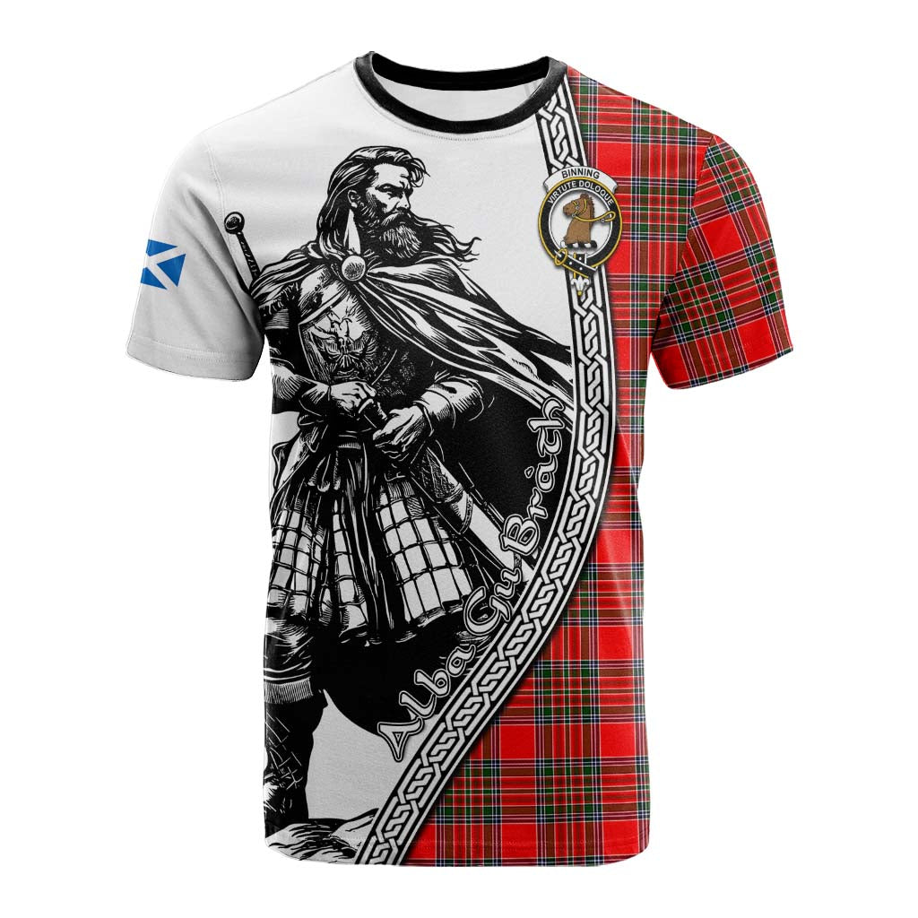 Binning Tartan Clan Crest Cotton T-shirt with Highlander Warrior Celtic Style