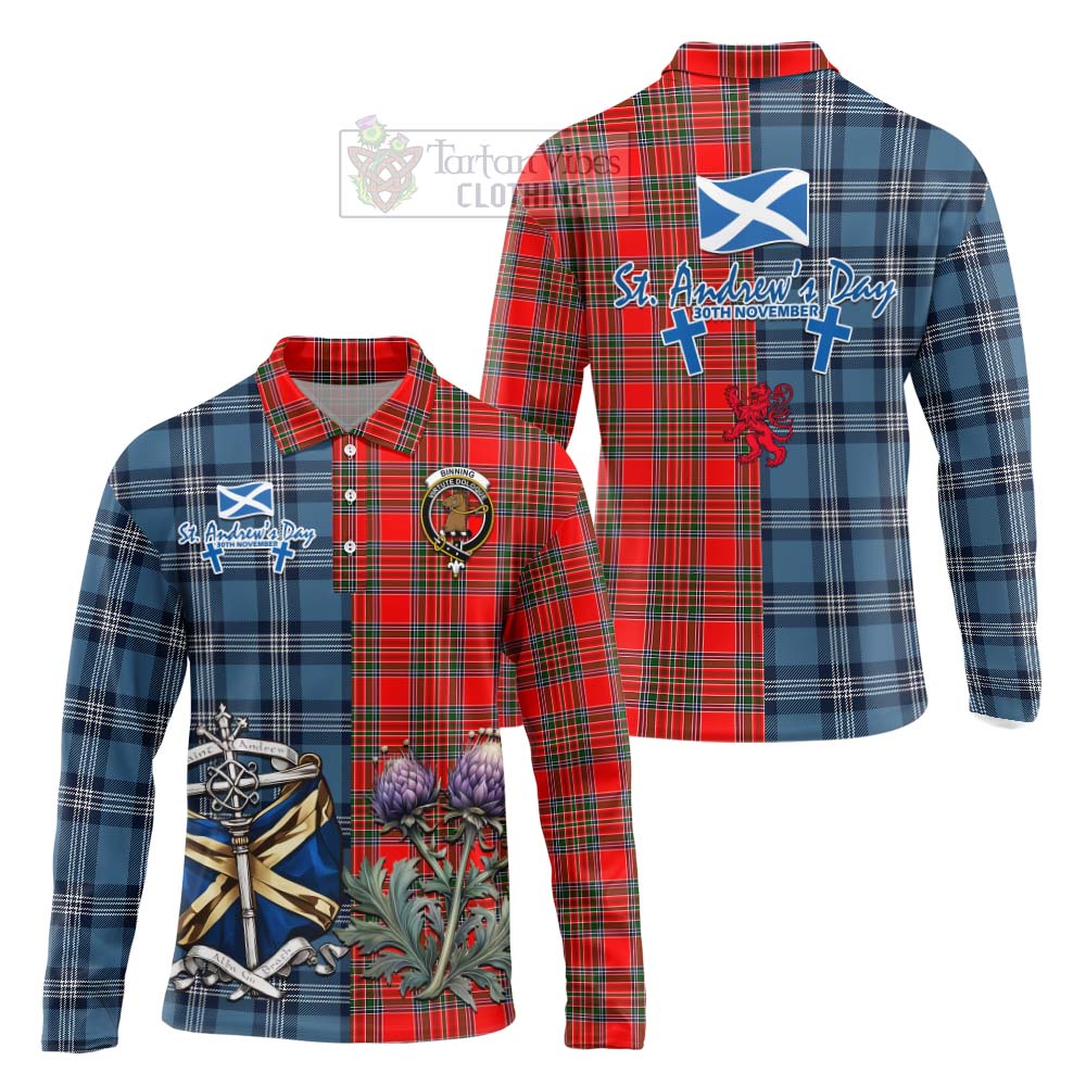 Tartan Vibes Clothing Binning Tartan Long Sleeve Polo Shirt Happy St. Andrew's Day Half Tartan Style