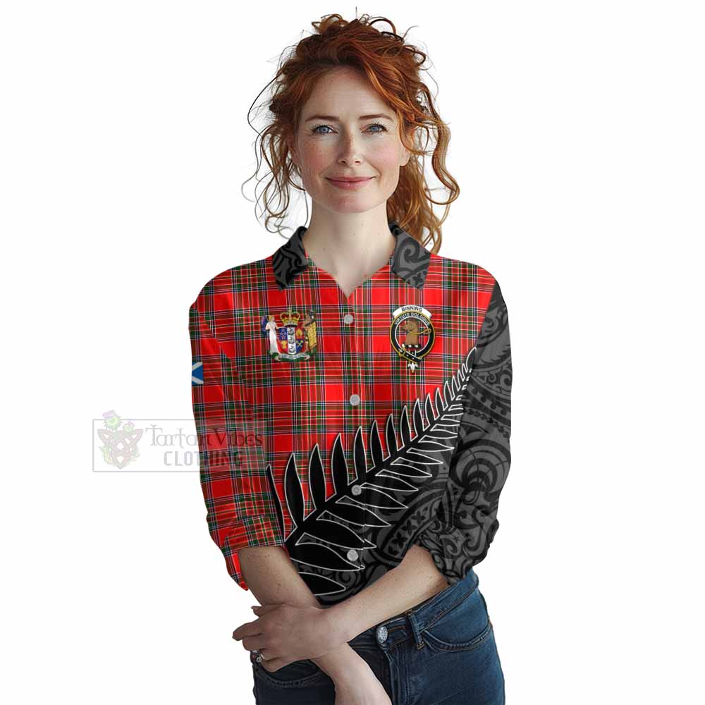 Tartan Vibes Clothing Binning Crest Tartan Women's Casual Shirt with New Zealand Silver Fern Half Style