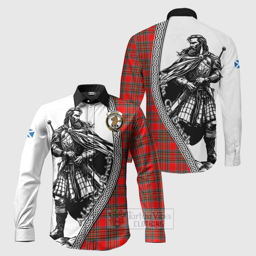 Tartan Vibes Clothing Binning Tartan Clan Crest Long Sleeve Button Shirt with Highlander Warrior Celtic Style