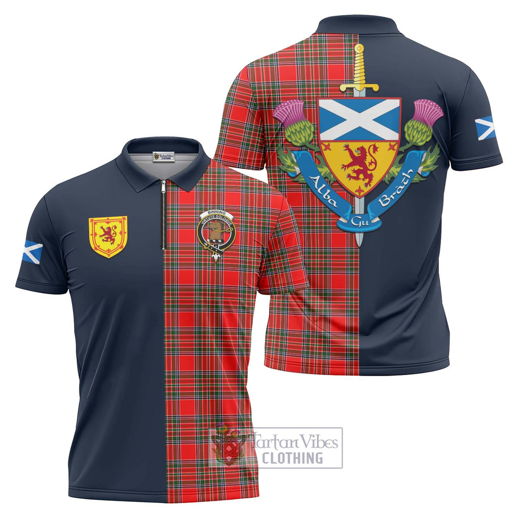 Tartan Vibes Clothing Binning Tartan Zipper Polo Shirt with Scottish Lion Royal Arm Half Style